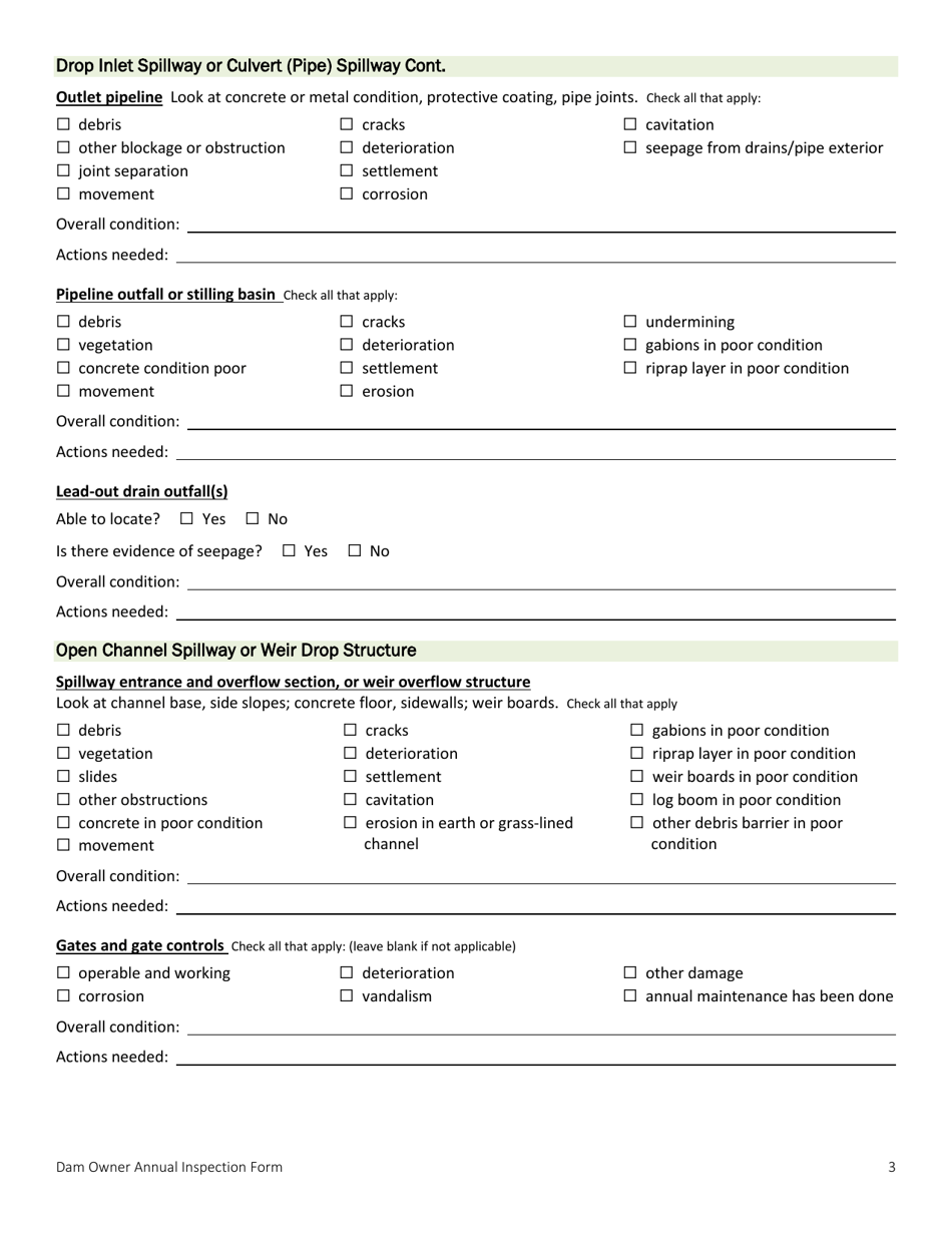ECY Form 070-613 Dam Owner Annual Inspection Form - Concrete Dams - Washington, Page 3