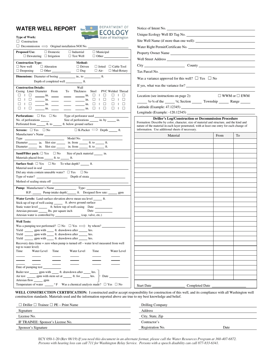 ECY Form 050-1-20 Water Well Report - Washington, Page 1