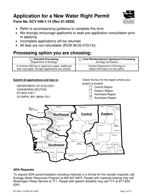 ECY Form 040-1-14 Application for a New Water Right Permit - Washington