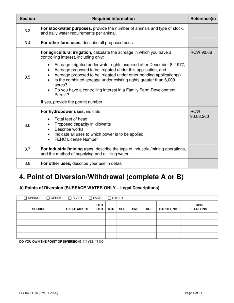 ECY Form 040-1-14 Application for a New Water Right Permit - Washington, Page 4
