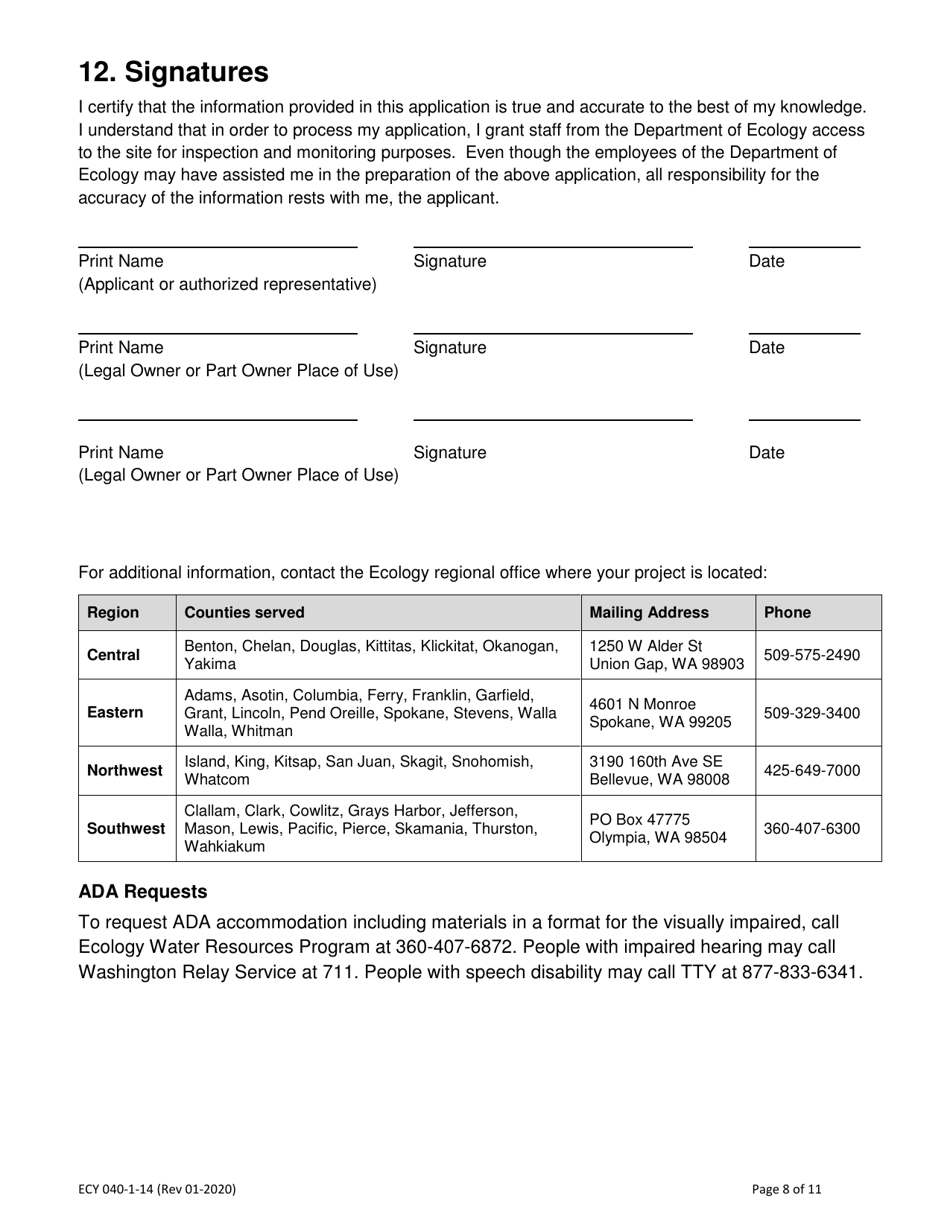 ECY Form 040-1-14 Application for a New Water Right Permit - Washington, Page 8