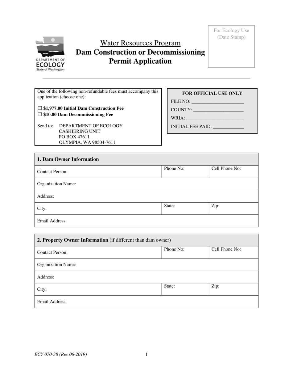 ECY Form 070-38 Dam Construction or Decommissioning Permit Application - Washington, Page 1