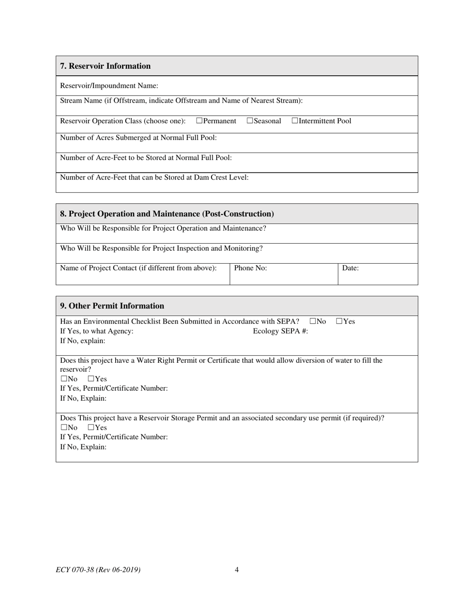ECY Form 070-38 Dam Construction or Decommissioning Permit Application - Washington, Page 4