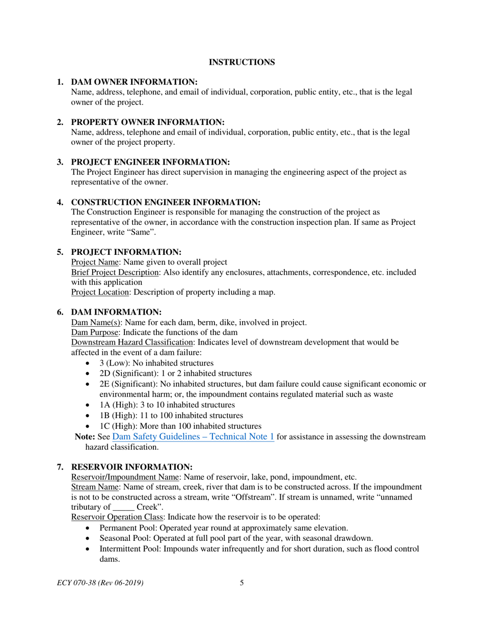 ECY Form 070-38 Dam Construction or Decommissioning Permit Application - Washington, Page 5