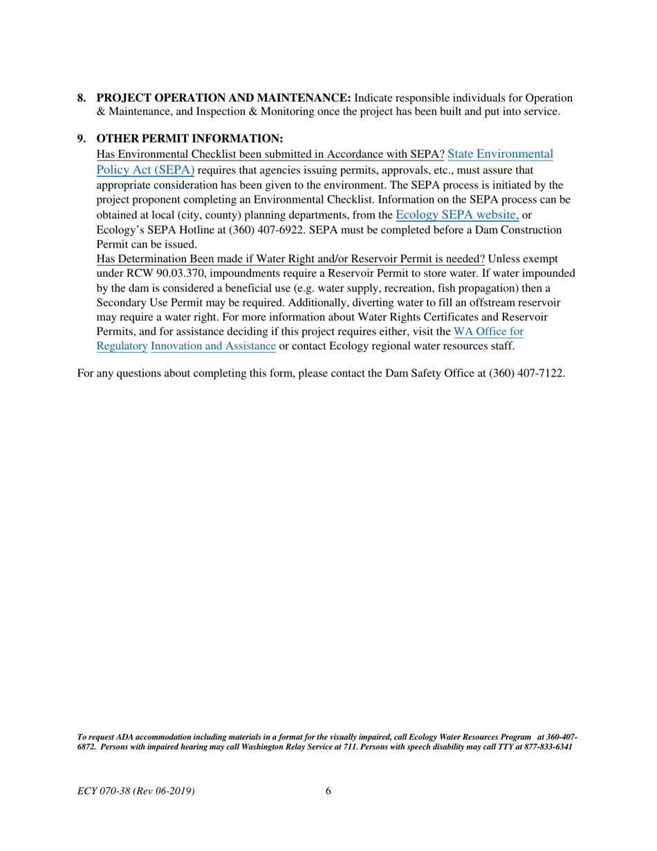 ECY Form 070-38 Dam Construction or Decommissioning Permit Application - Washington, Page 6