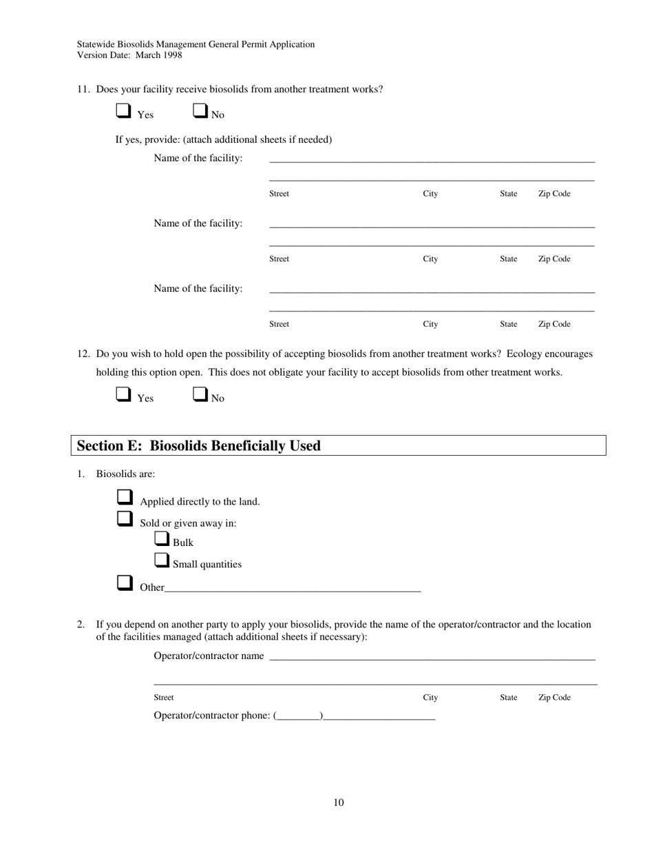 Form 01-07-045 Application for Coverage Under the Statewide General Permit for Biosolids Management - Washington, Page 10
