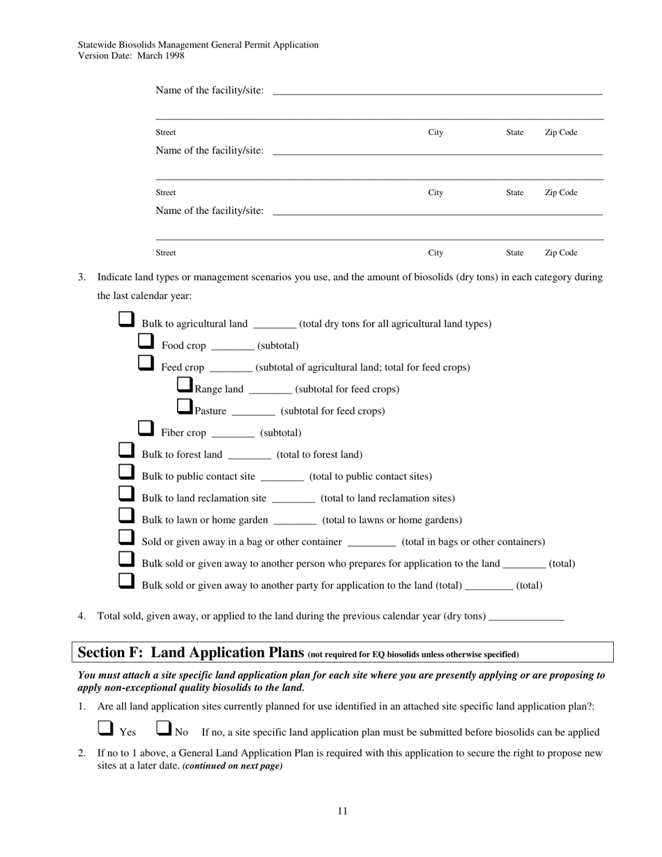 Form 01-07-045 Application for Coverage Under the Statewide General Permit for Biosolids Management - Washington, Page 11
