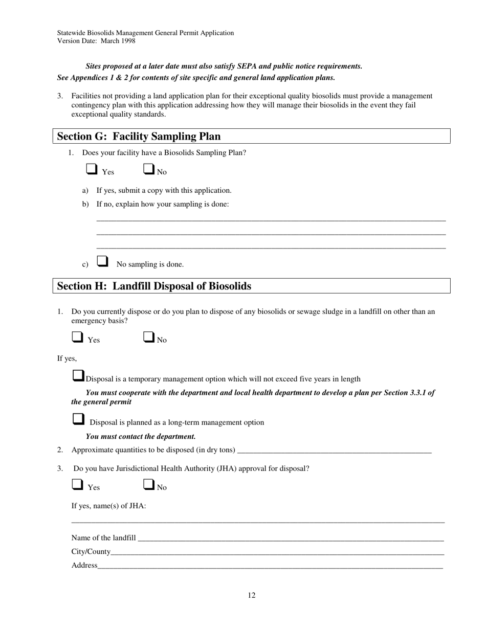 Form 01-07-045 Application for Coverage Under the Statewide General Permit for Biosolids Management - Washington, Page 12