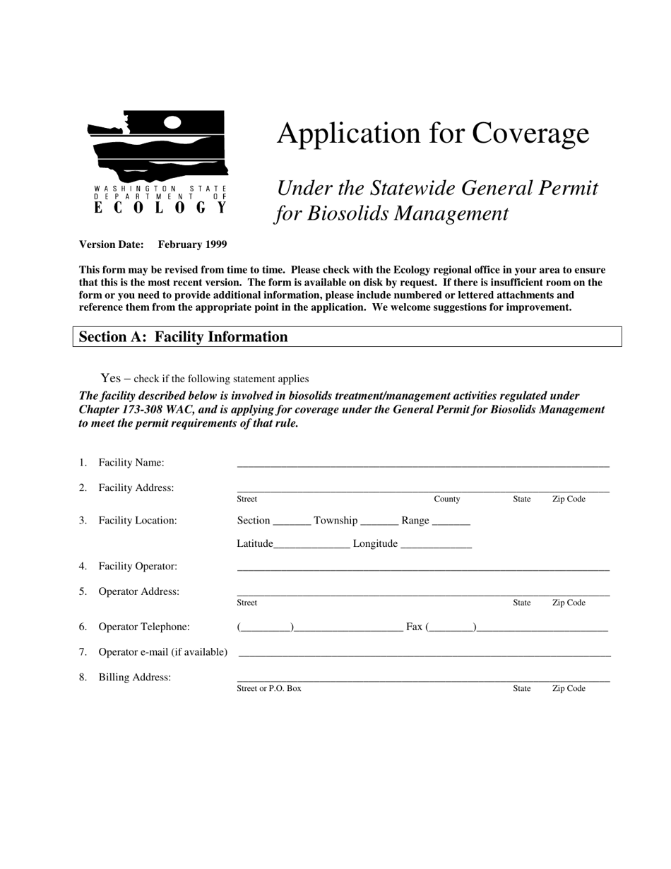 Form 01-07-045 Application for Coverage Under the Statewide General Permit for Biosolids Management - Washington, Page 1