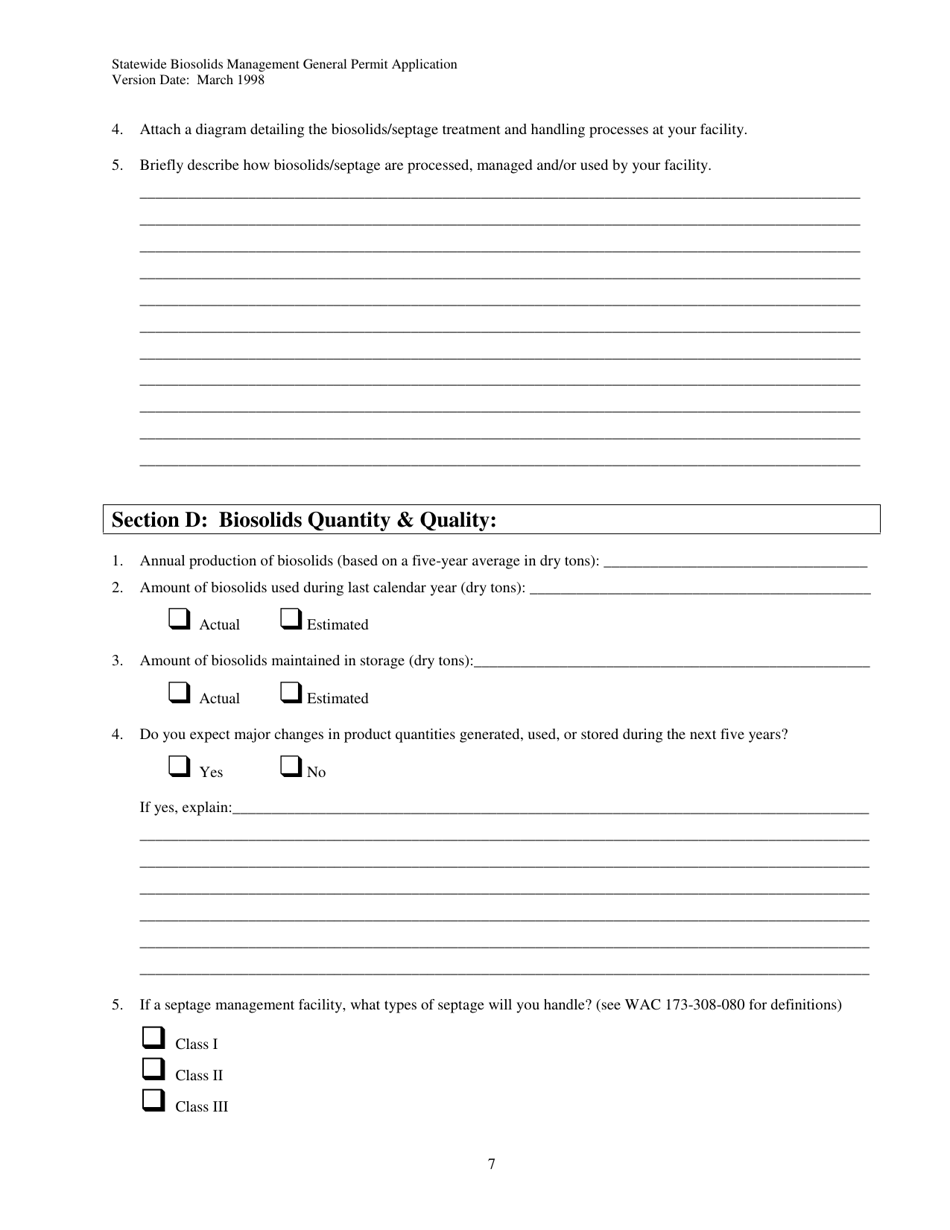Form 01-07-045 Application for Coverage Under the Statewide General Permit for Biosolids Management - Washington, Page 7