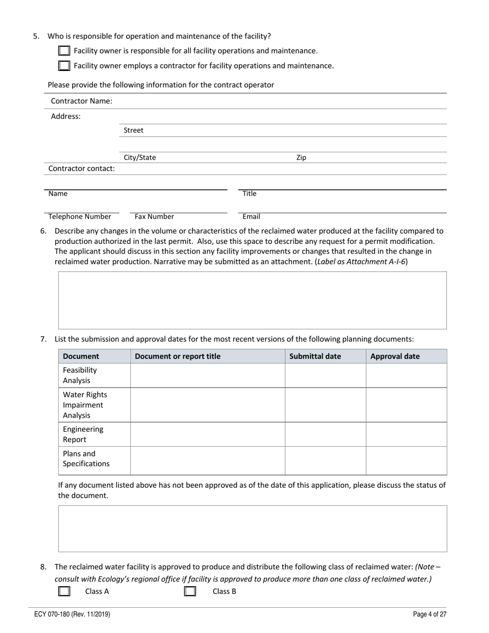 ECY Form 070-180 State Permit Application for the Generation, Distribution and Use of Reclaimed Water - Washington, Page 4