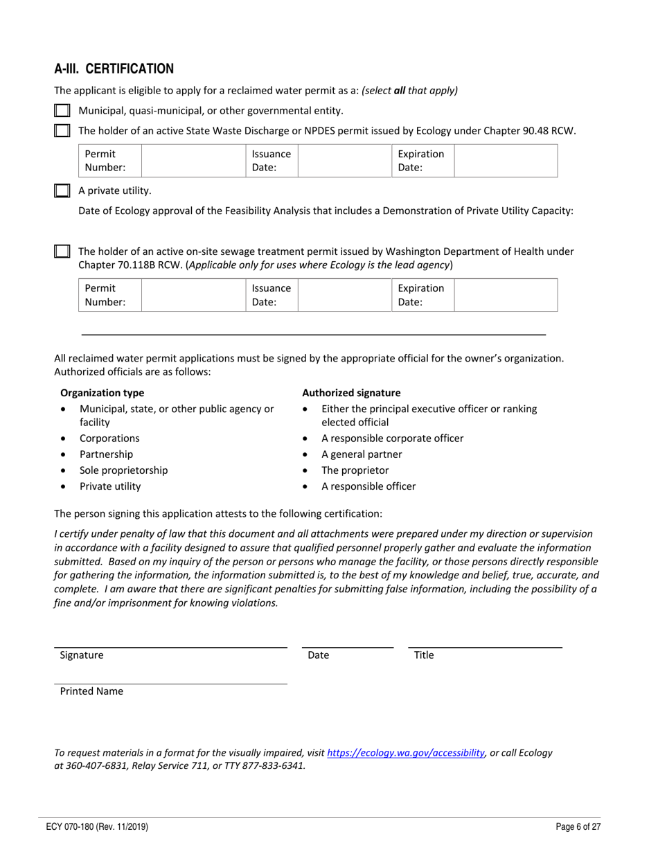 ECY Form 070-180 State Permit Application for the Generation, Distribution and Use of Reclaimed Water - Washington, Page 6