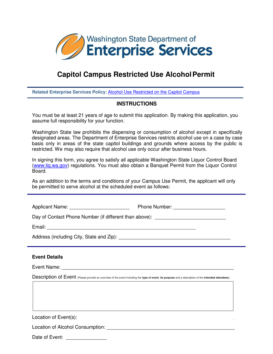 Washington Capitol Campus Restricted Use Alcohol Permit - Fill Out ...