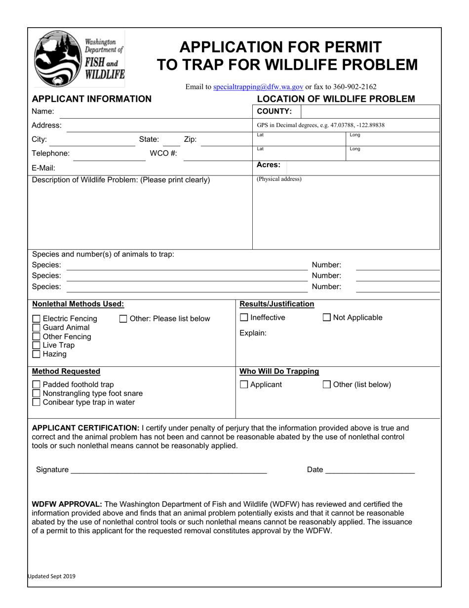 Application for Permit to Trap for Wildlife Problem - Washington, Page 1