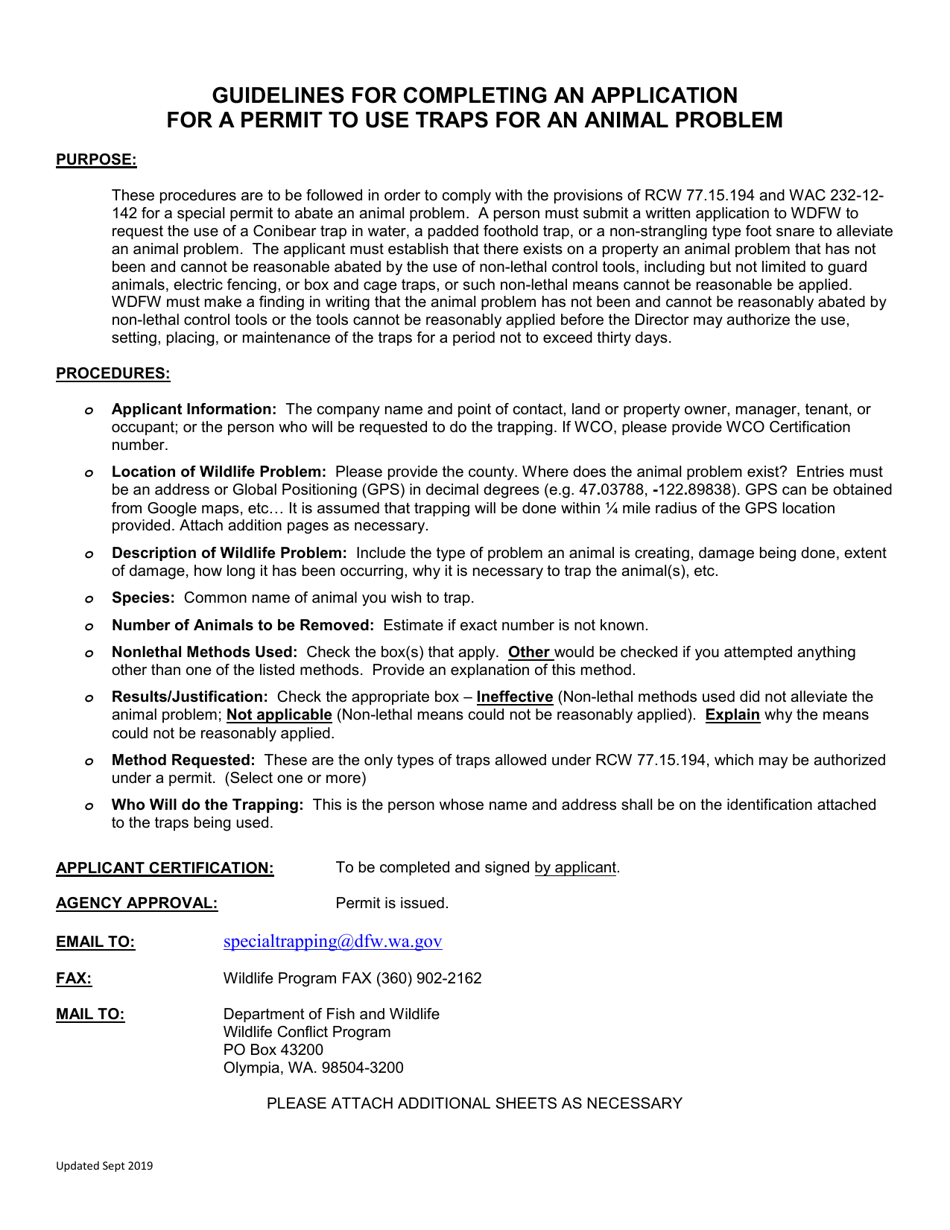 Application for Permit to Trap for Wildlife Problem - Washington, Page 2