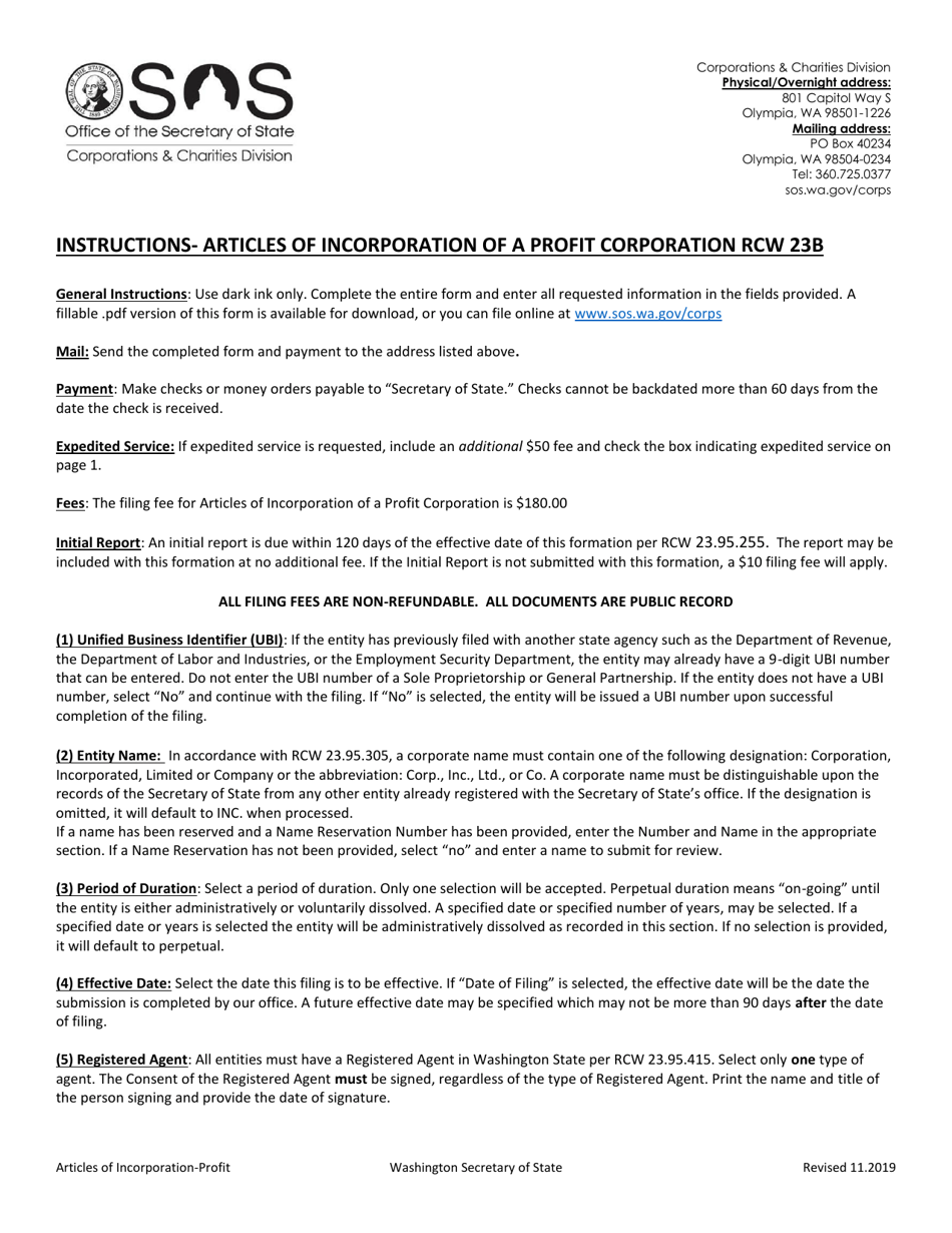 Washington Articles of Incorporation Washington Profit Corporation