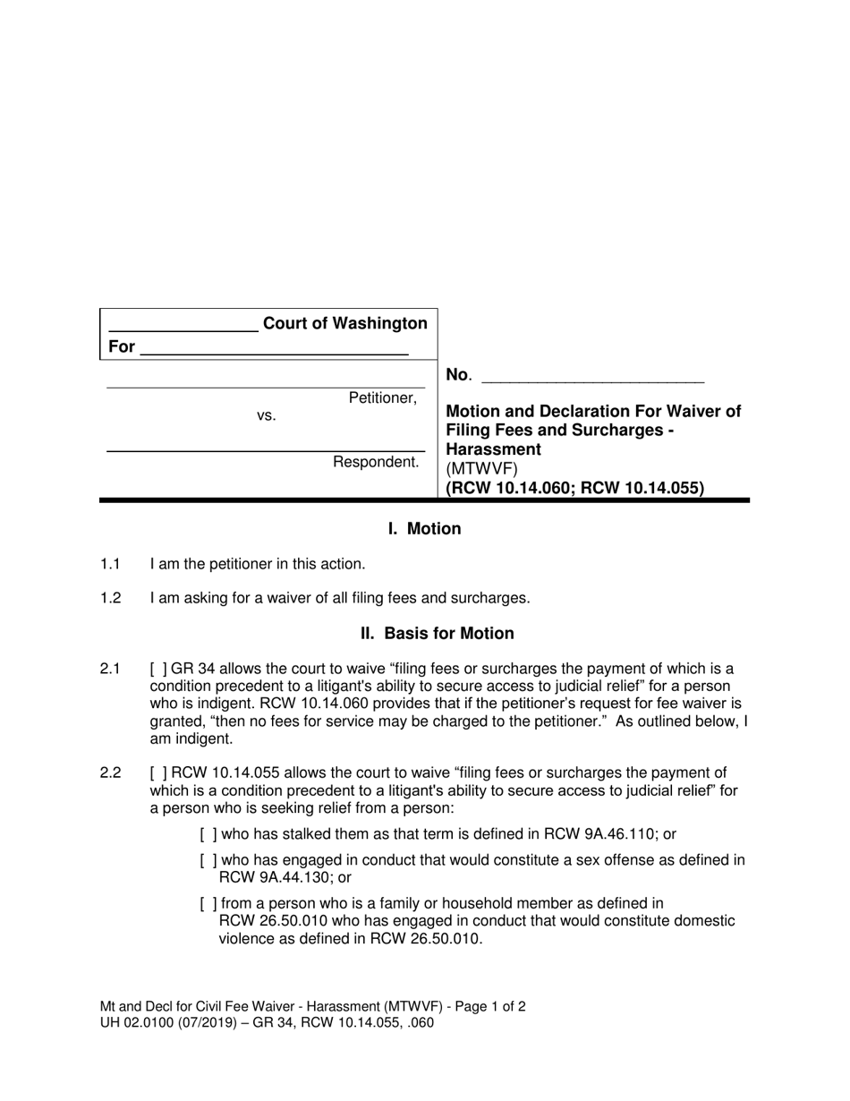 Form UH02.0100 Motion and Declaration for Waiver of Filing Fees and Surcharges - Harassment (Mtwvf) - Washington, Page 1
