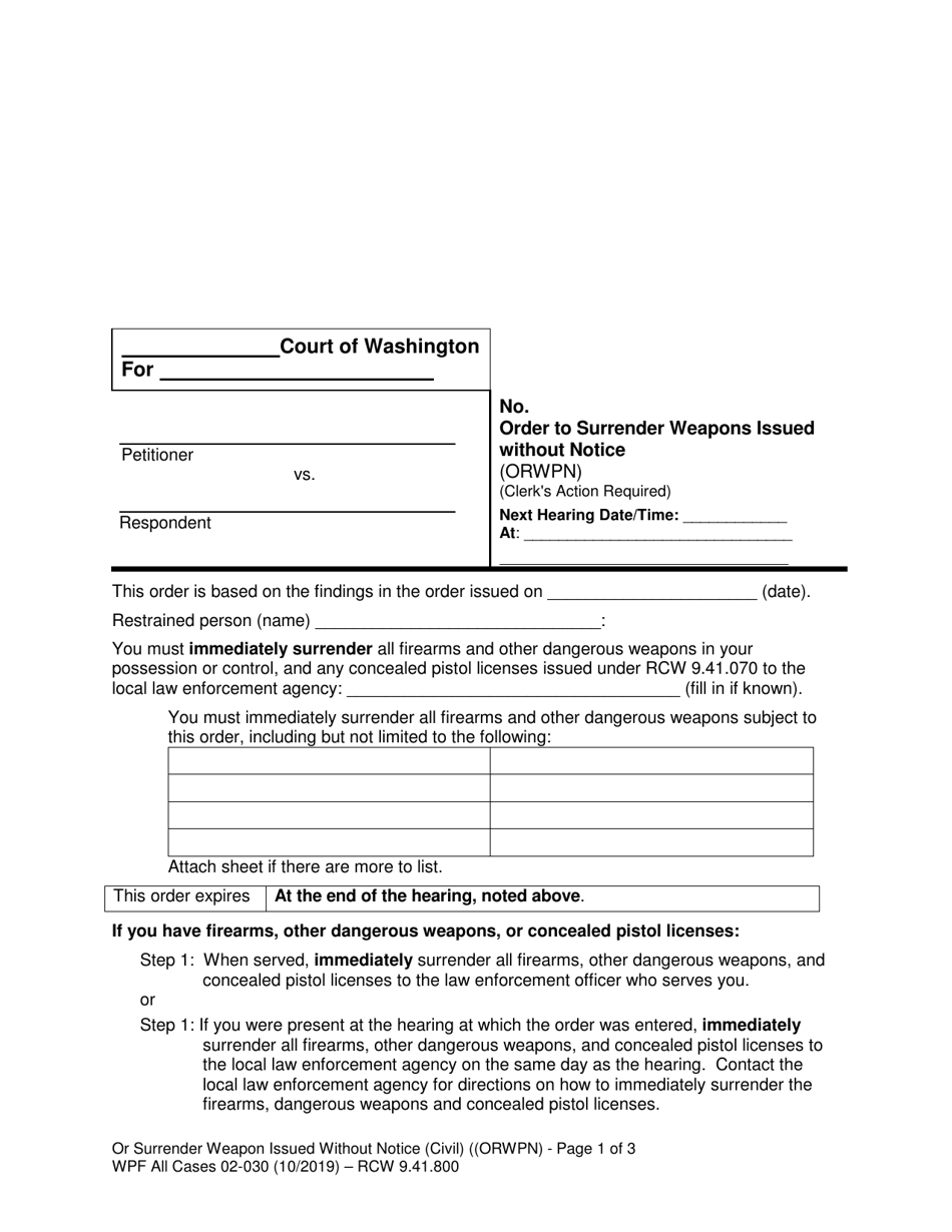 Form WPF All Cases02-030 Order to Surrender Weapons Issued Without Notice (Orwpn) - Washington, Page 1