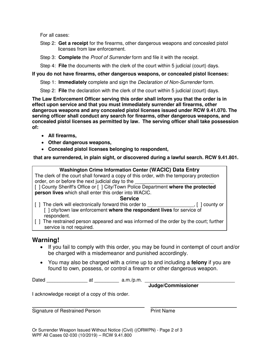 Form WPF All Cases02-030 Order to Surrender Weapons Issued Without Notice (Orwpn) - Washington, Page 2