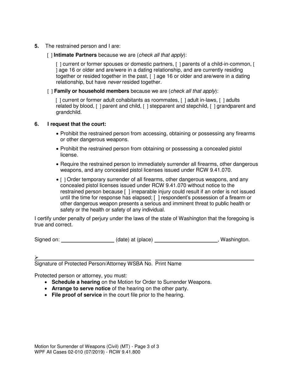 Form WPF All Cases02-010 Motion for Surrender of Weapons (Mt) - Washington, Page 3