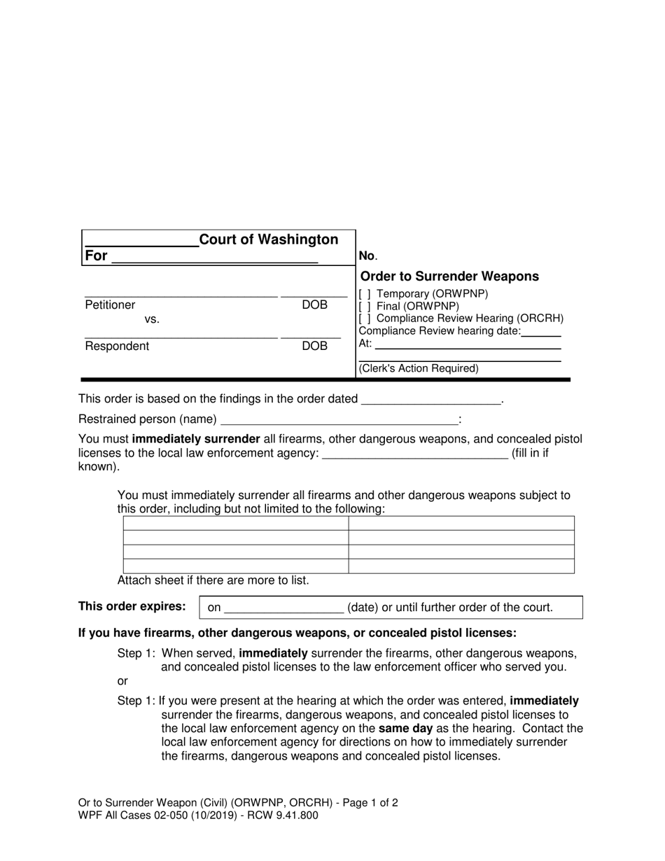 Form WPF All Cases02-050 Order to Surrender Weapons - Washington, Page 1