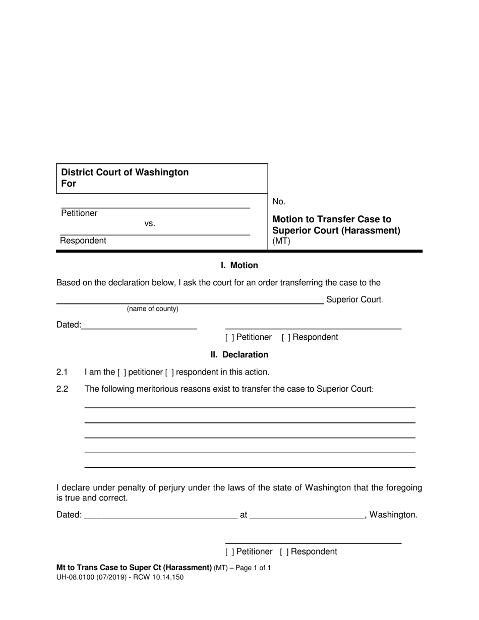 Form UH-08.0100 Motion to Transfer Case to Superior Court (Harassment) (Mt) - Washington, Page 1