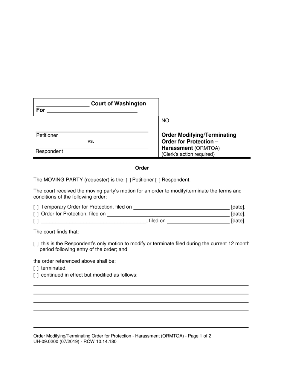 Form UH-09.0200 Order Modifying / Terminating Order for Protection  Harassment - Washington, Page 1