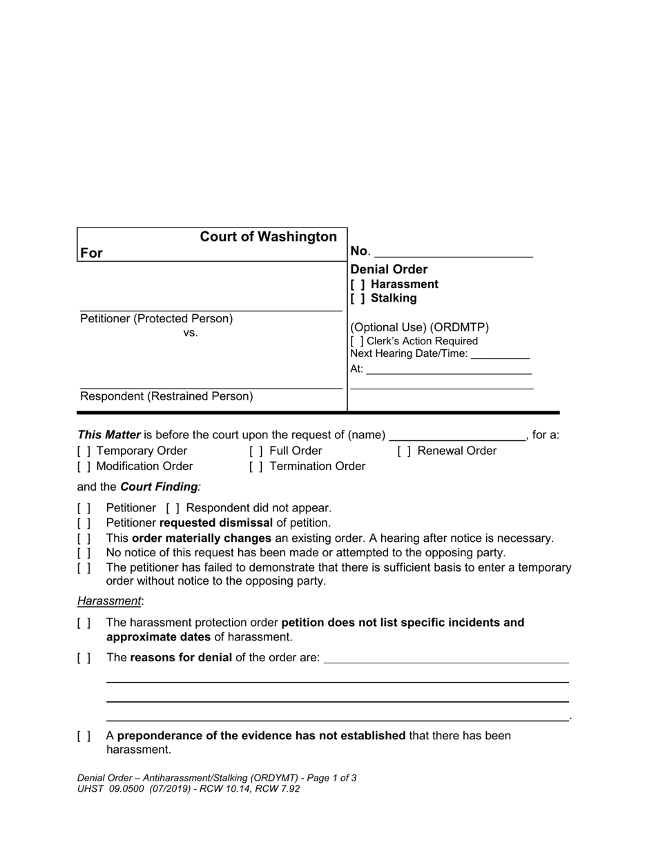 Form UHST09.0500 Denial Order  Harassment / Stalking - Washington, Page 1