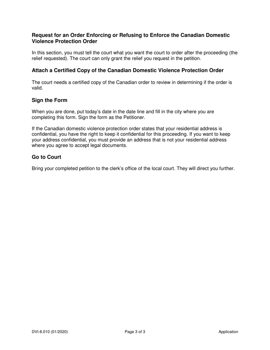 Instructions for Form WPF DV-8.010 Application for Order to Enforce or Refuse to Enforce Canadian Domestic Violence Protection Order (Apercp) - Washington, Page 3