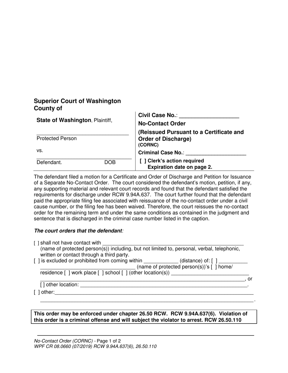 Form WPF CR08.0660 No-Contact Order (Reissued Pursuant to a Certificate and Order of Discharge)(Cornc) - Washington, Page 1