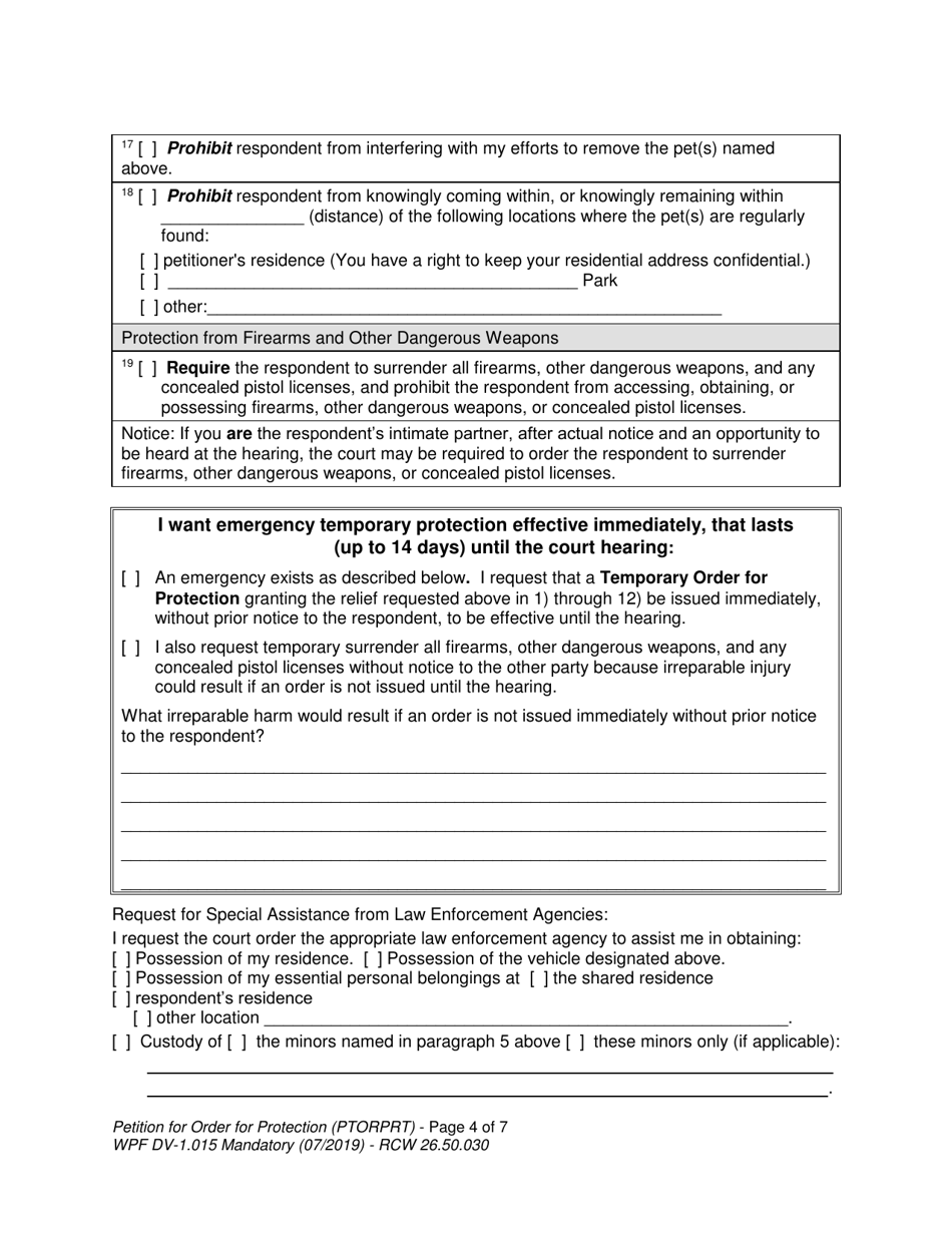 Form WPF DV-1.015 Petition for Order for Protection (Ptorprt) - Washington, Page 4