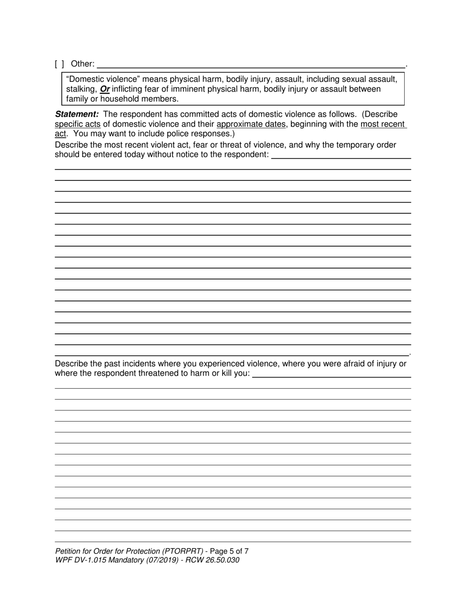Form WPF DV-1.015 Petition for Order for Protection (Ptorprt) - Washington, Page 5
