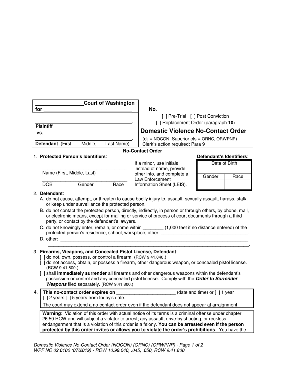Form WPF NC02.0100 Domestic Violence No-Contact Order - Washington, Page 1