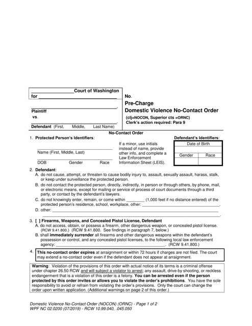 Form WPF NC02.0200 Pre-charge Domestic Violence No-Contact Order - Washington