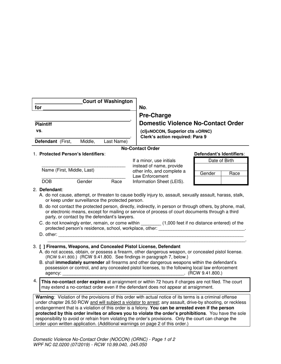 Form WPF NC02.0200 Pre-charge Domestic Violence No-Contact Order - Washington, Page 1