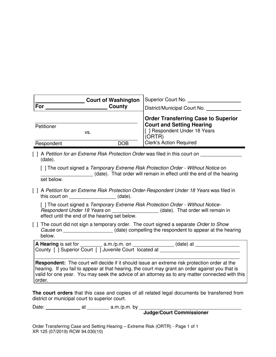 Form XR125 Order Transferring Case and Setting Hearing - Extreme Risk - Washington, Page 1