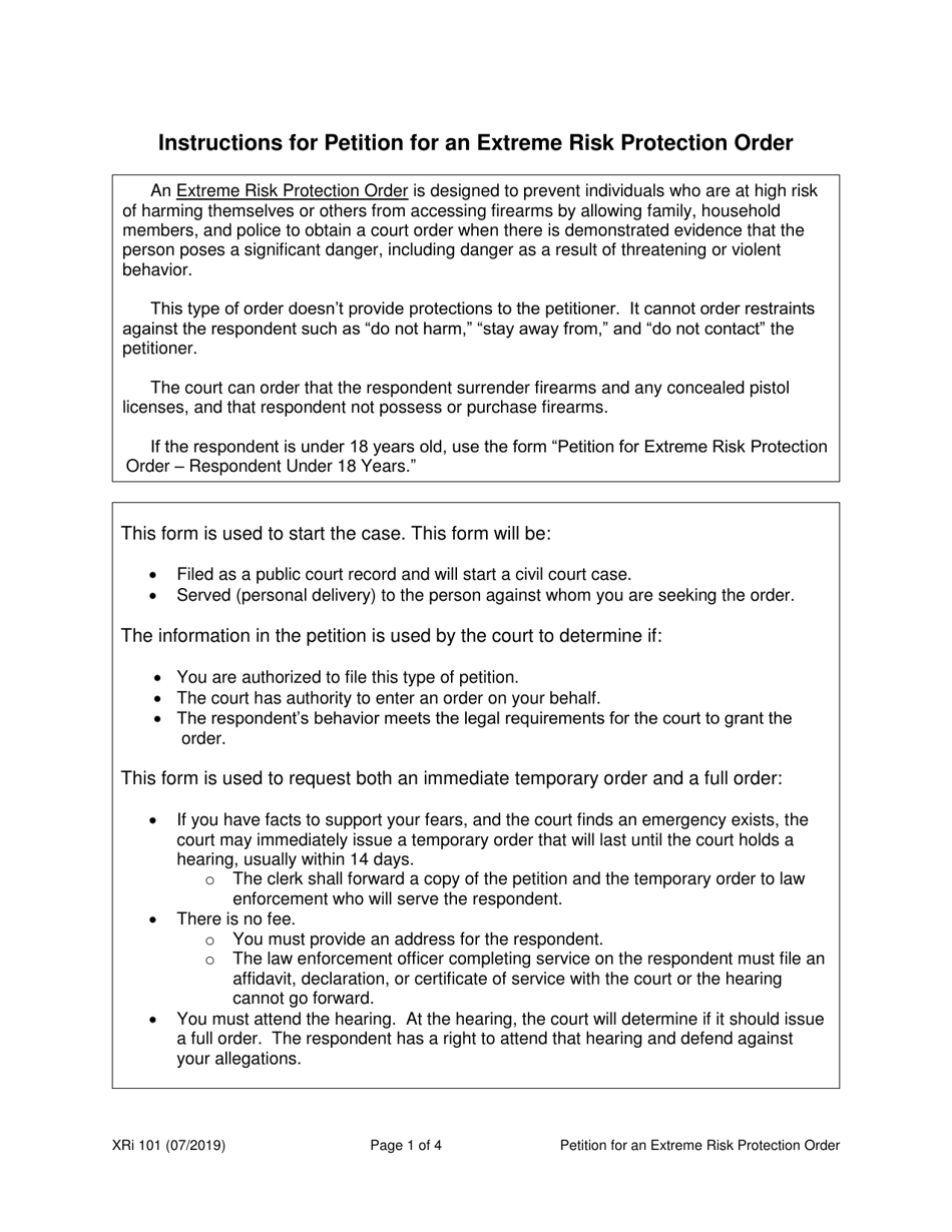 Instructions for Form XR101 Petition for an Extreme Risk Protection Order (Ptxr) - Washington, Page 1