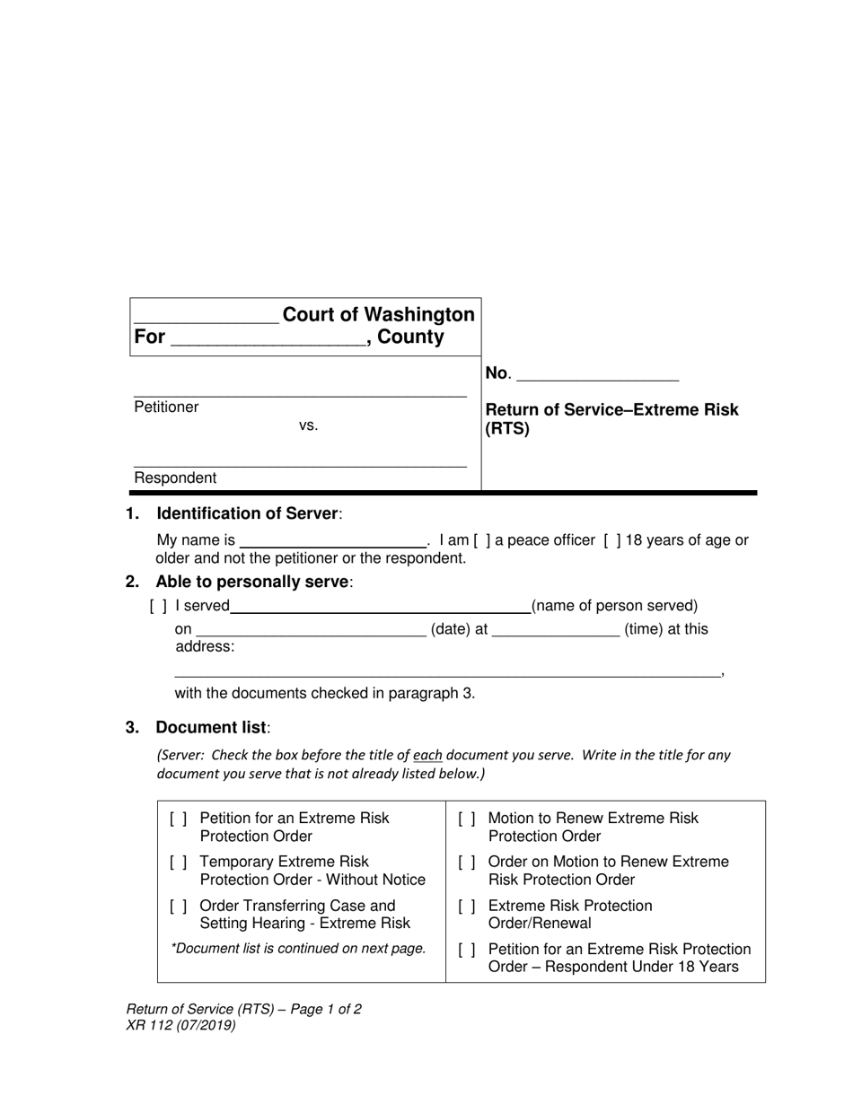 Form XR112 Return of Service - Extreme Risk (Rts) - Washington, Page 1
