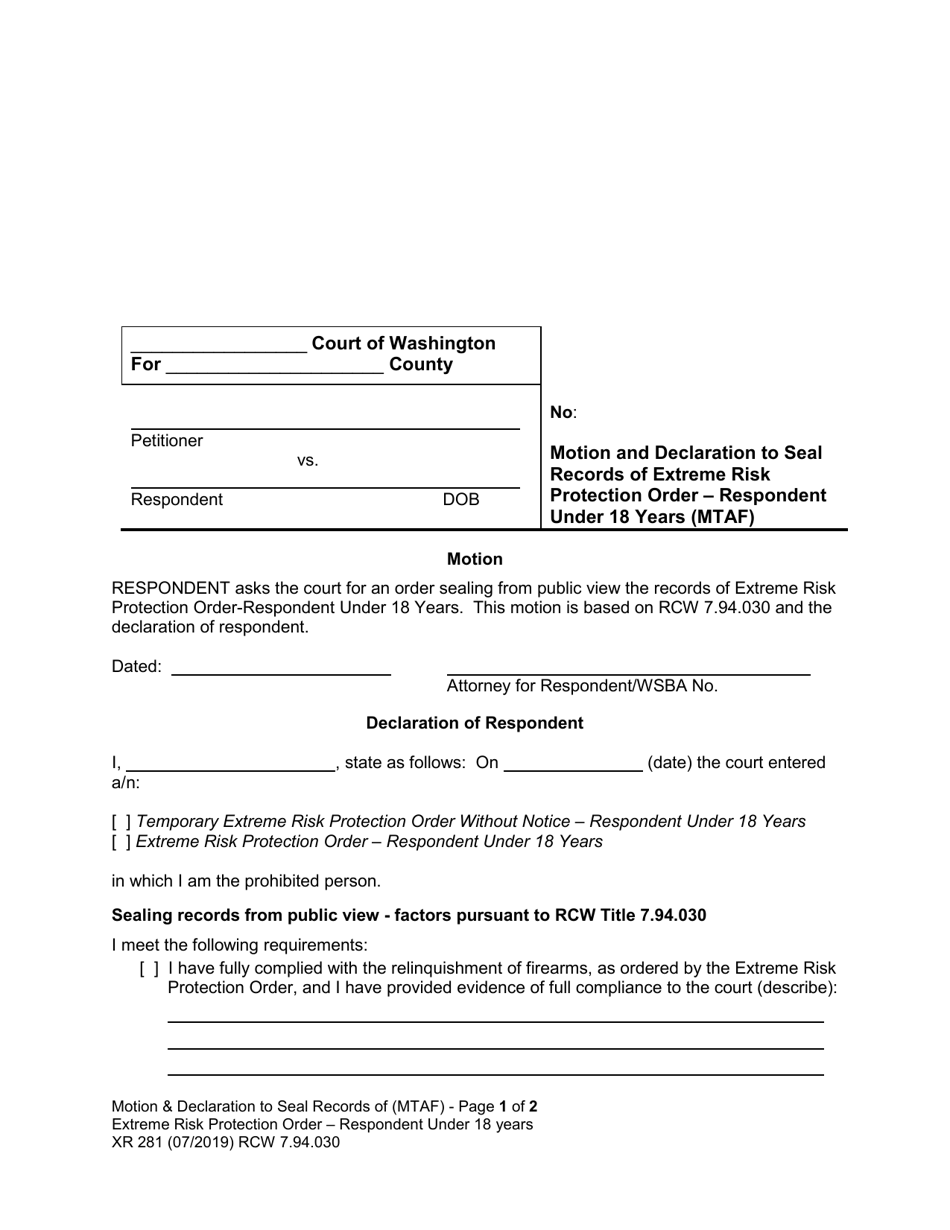 Form XR281 Motion and Declaration to Seal Records of Extreme Risk Protection Order  Respondent Under 18 Years (Mtaf) - Washington, Page 1