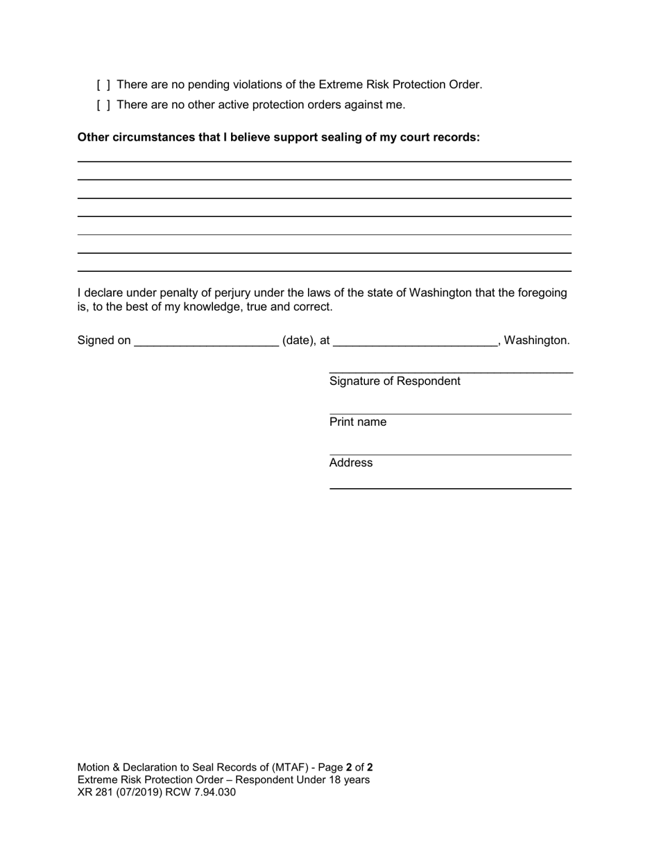 Form XR281 Motion and Declaration to Seal Records of Extreme Risk Protection Order  Respondent Under 18 Years (Mtaf) - Washington, Page 2