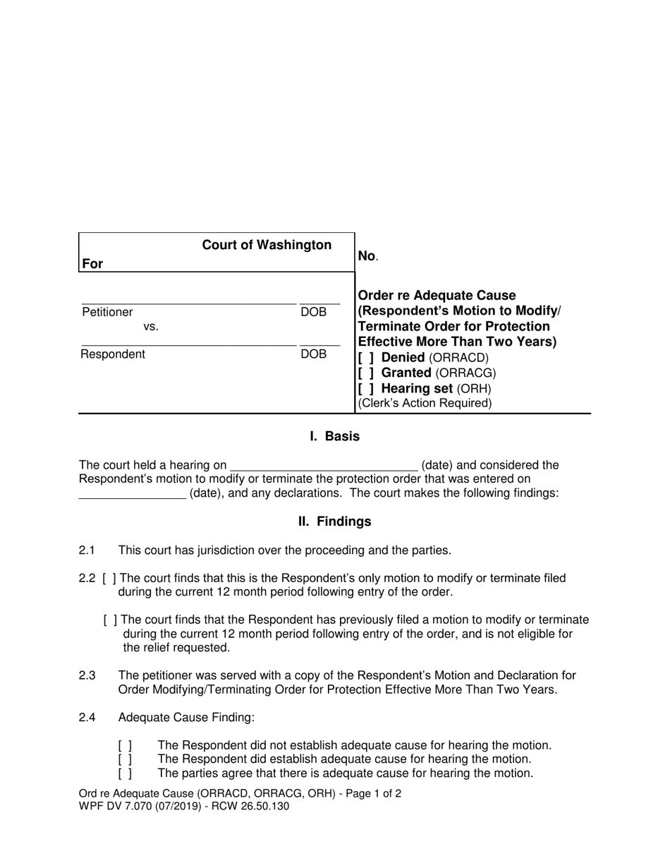 Form WPF DV7.070 Order Re Adequate Cause (Respondents Motion to Modify / Terminate Order for Protection Effective More Than Two Years) - Washington, Page 1