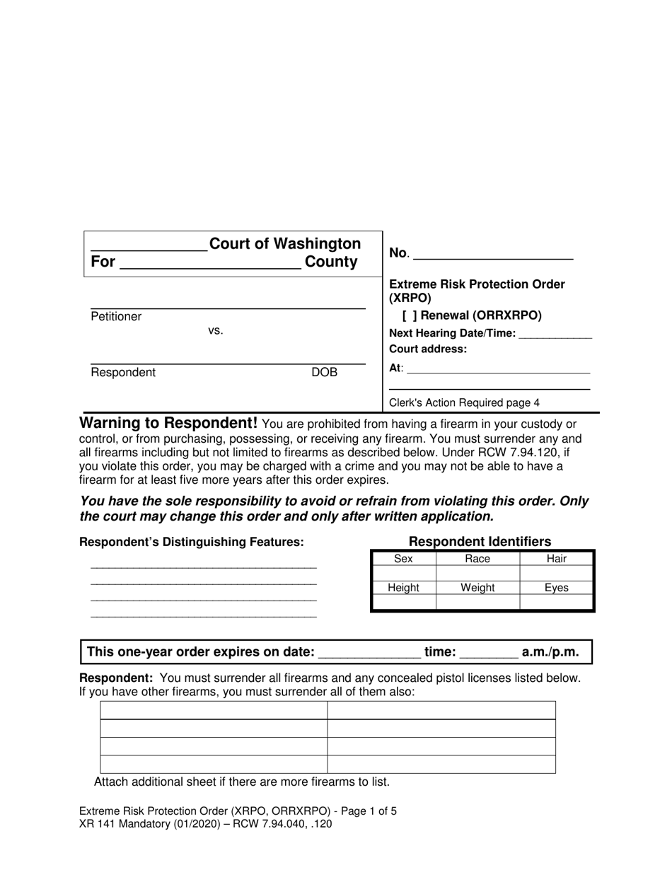 Form XR141 Extreme Risk Protection Order - Washington, Page 1