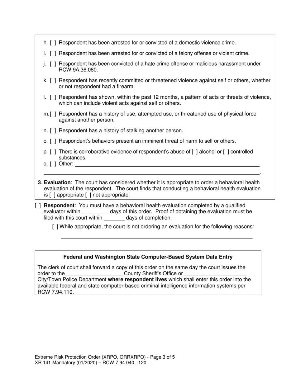 Form XR141 Extreme Risk Protection Order - Washington, Page 3
