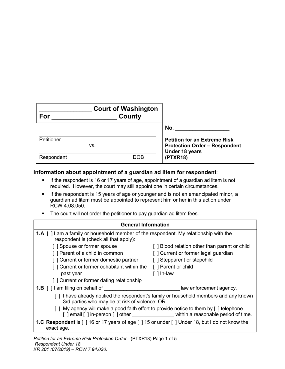 Form XR201 Petition for an Extreme Risk Protection Order - Respondent Under 18 Years - Washington, Page 1