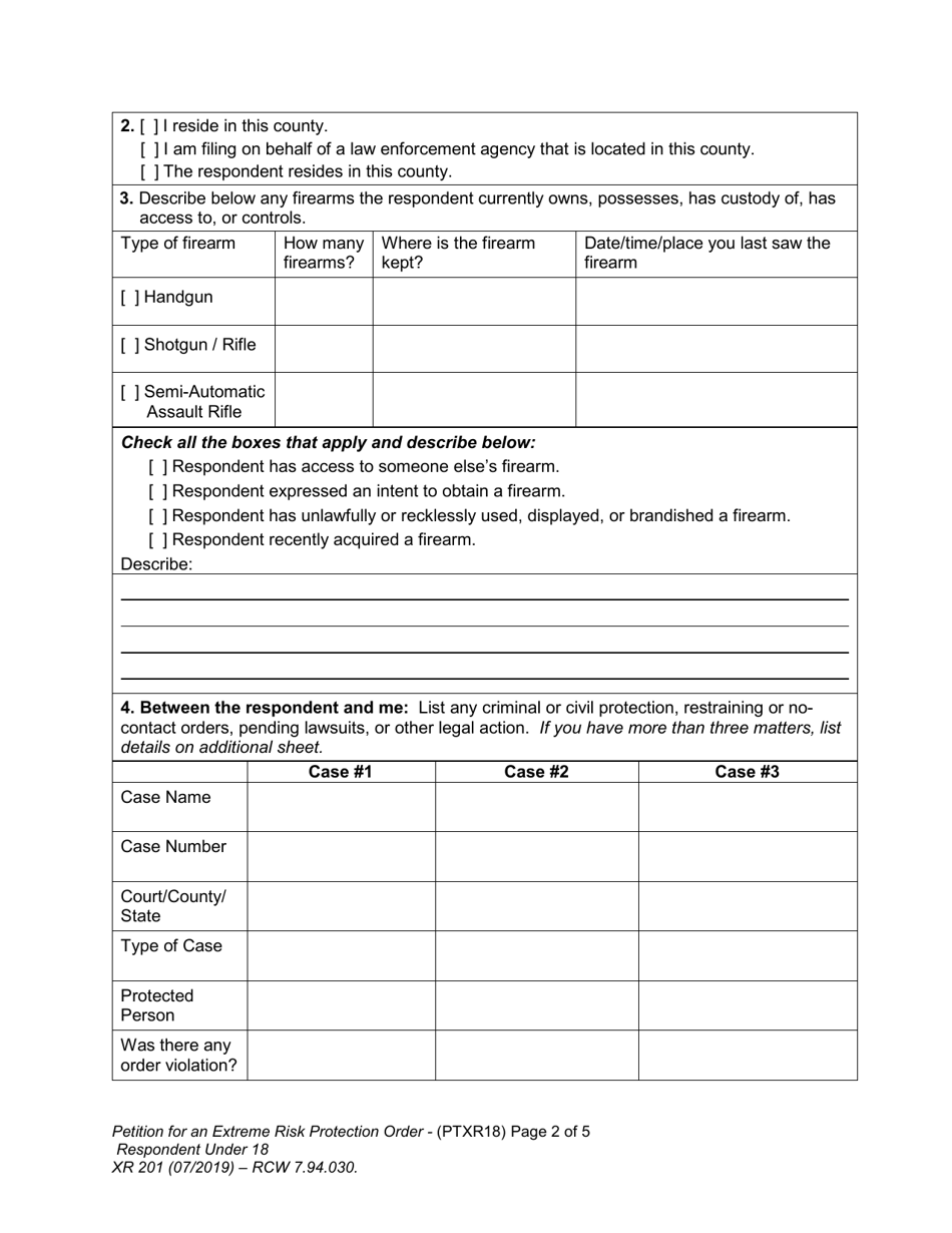 Form XR201 Petition for an Extreme Risk Protection Order - Respondent Under 18 Years - Washington, Page 2