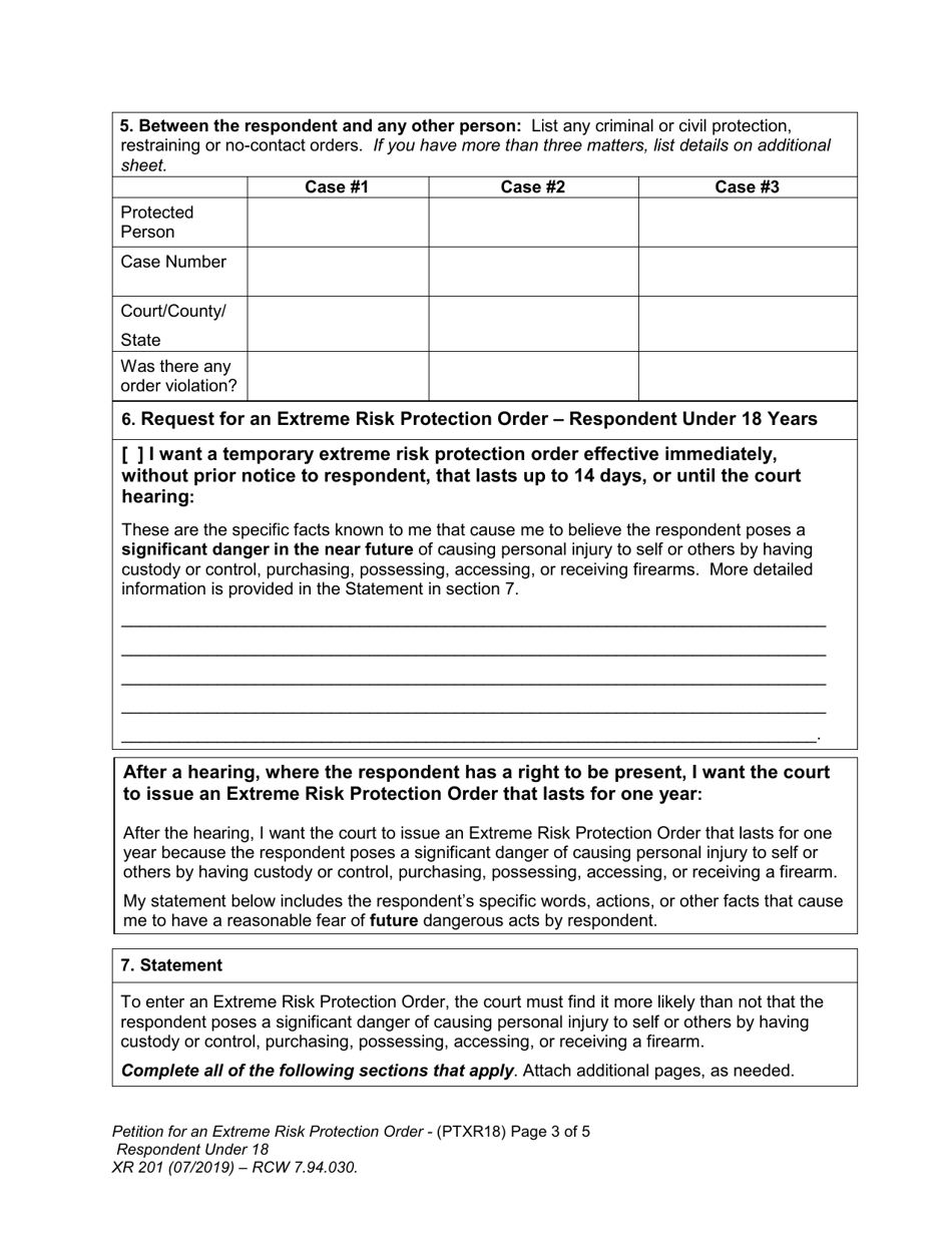 Form XR201 Petition for an Extreme Risk Protection Order - Respondent Under 18 Years - Washington, Page 3