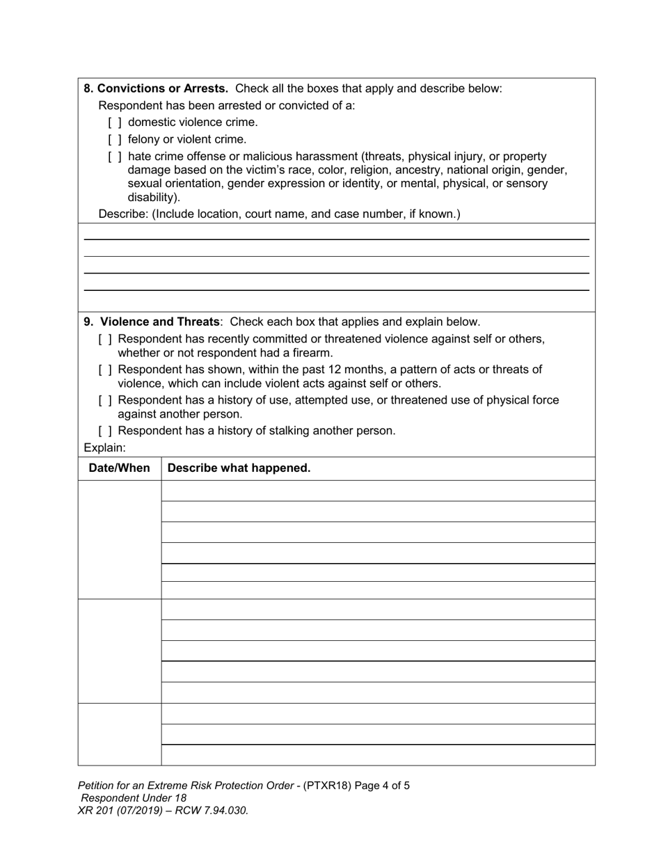Form XR201 Petition for an Extreme Risk Protection Order - Respondent Under 18 Years - Washington, Page 4