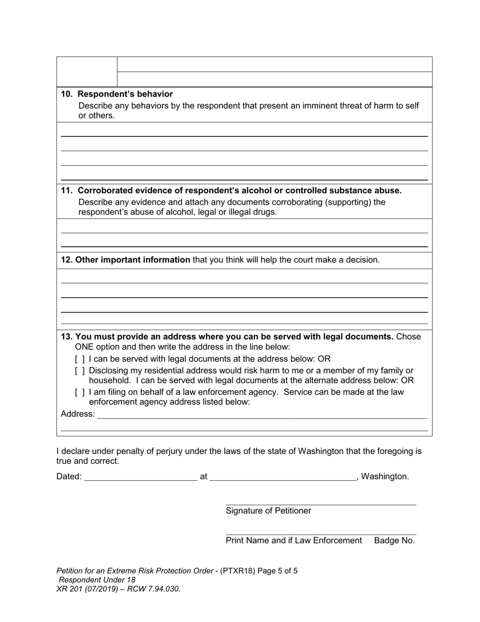 Form XR201 Petition for an Extreme Risk Protection Order - Respondent Under 18 Years - Washington, Page 5