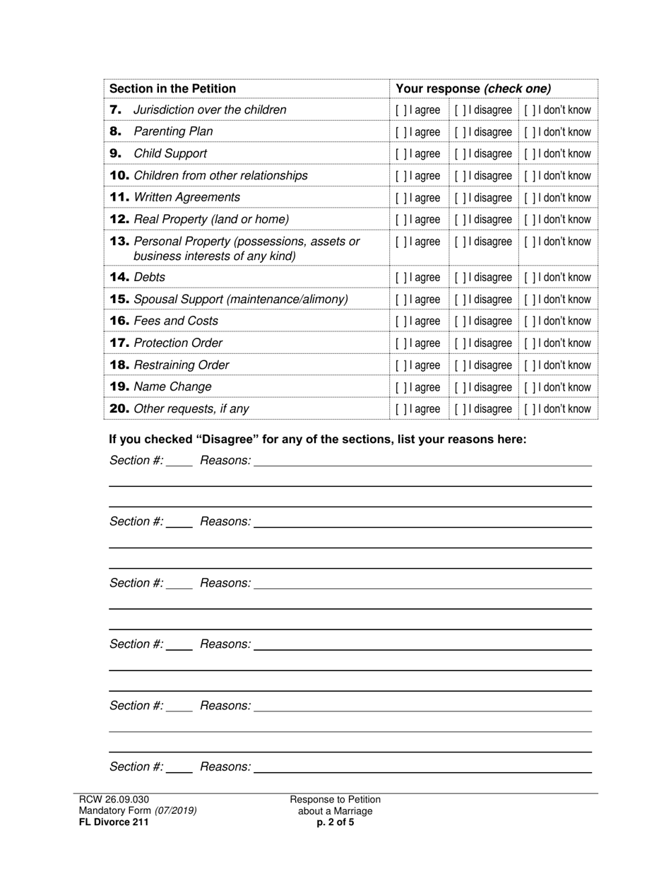 Form FL Divorce211 Response to Petition About a Marriage - Washington, Page 2