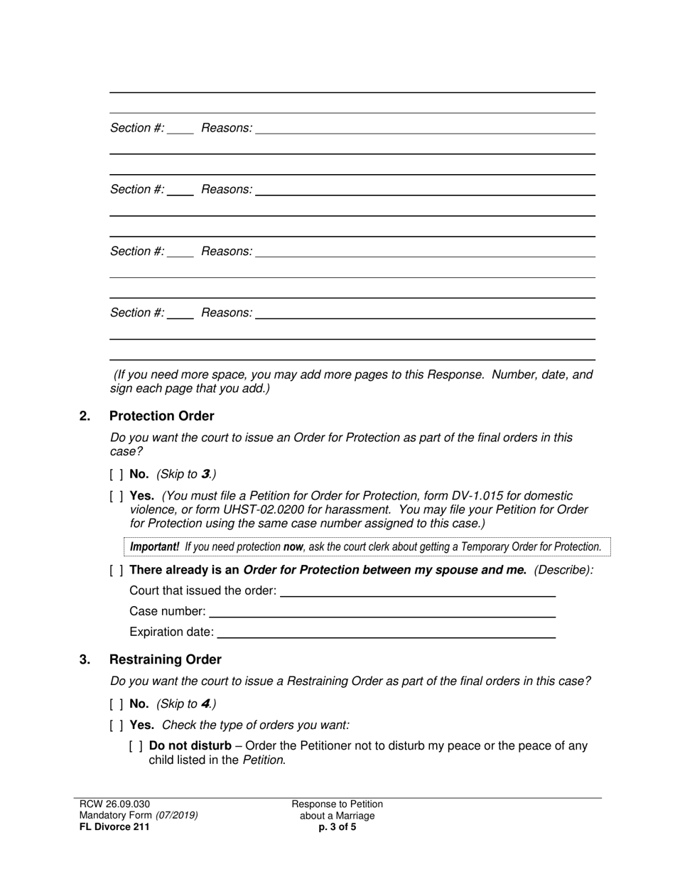Form FL Divorce211 Response to Petition About a Marriage - Washington, Page 3